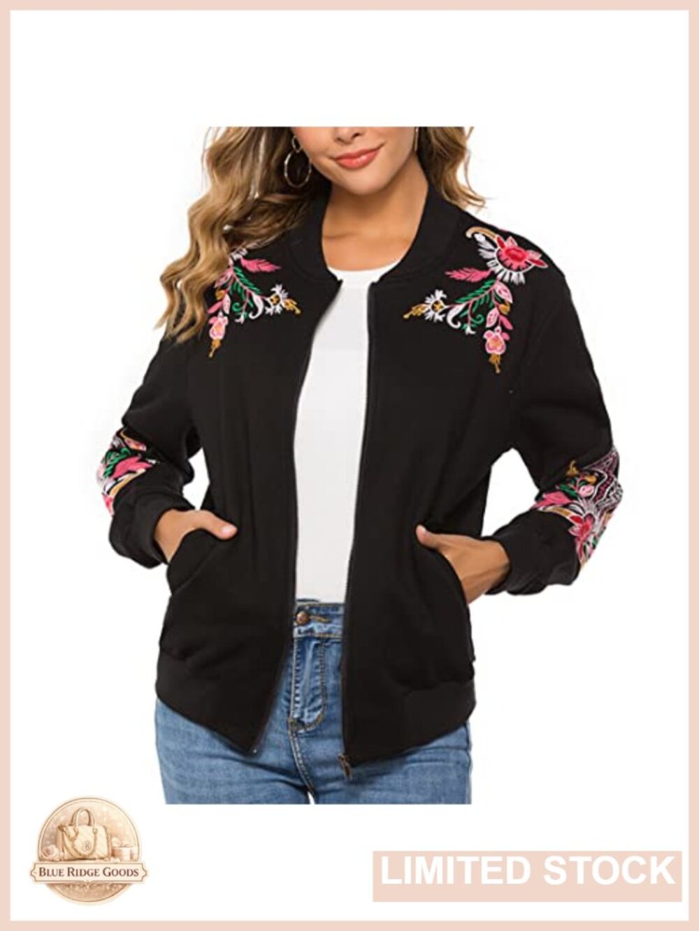 Women's Floral Embroidered Zip Hoodie Jacket Long Sleeve Cotton Blend